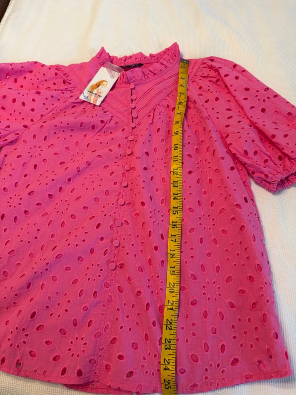 Pretty Garden Bright Pink Eyelet Puff-Sleeve Women’s Top Size Small NWT - Picture 10 of 13